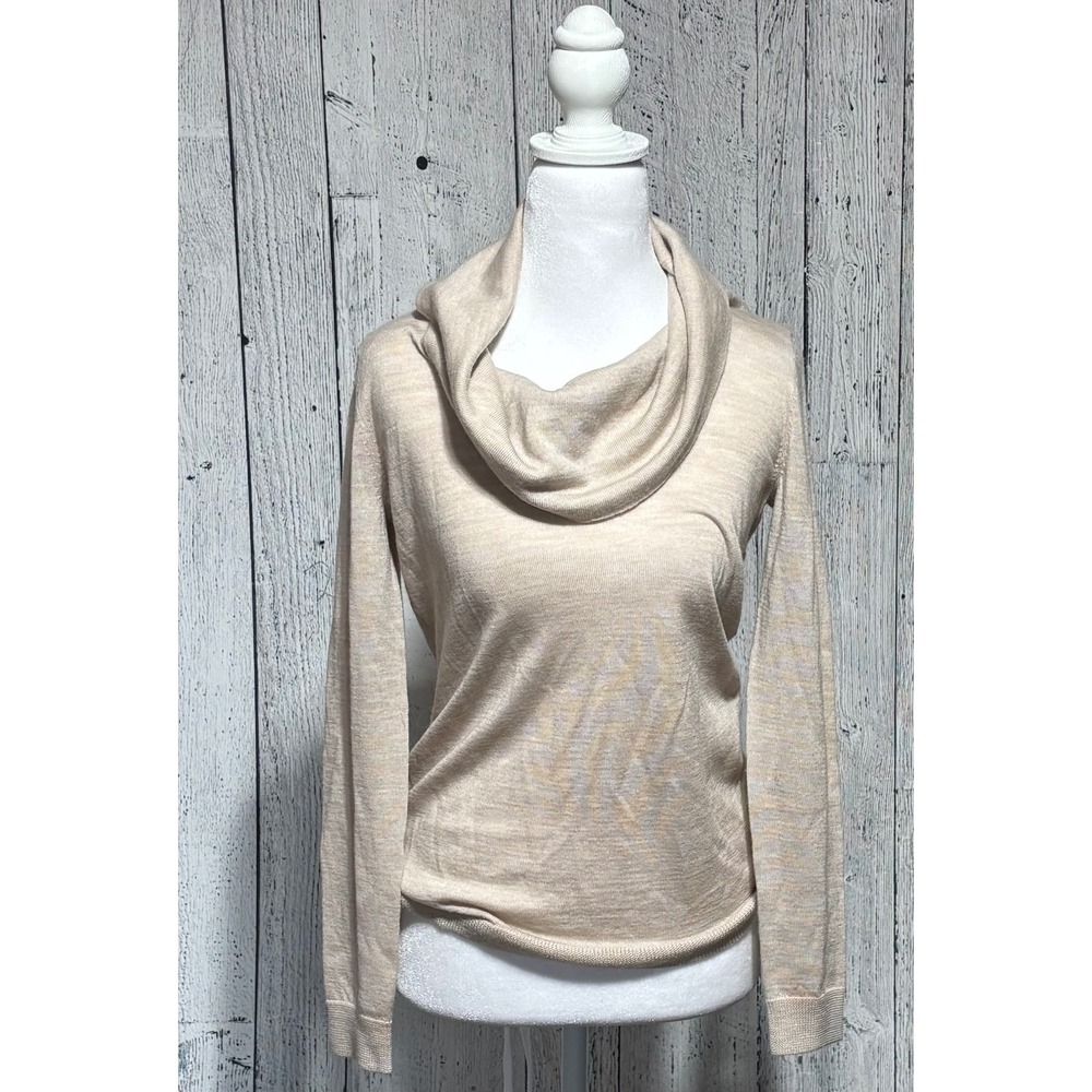 Ellen Tracy Extra Fine Merino Wool Cowl Neck Sweater Beige Oatmeal Small
